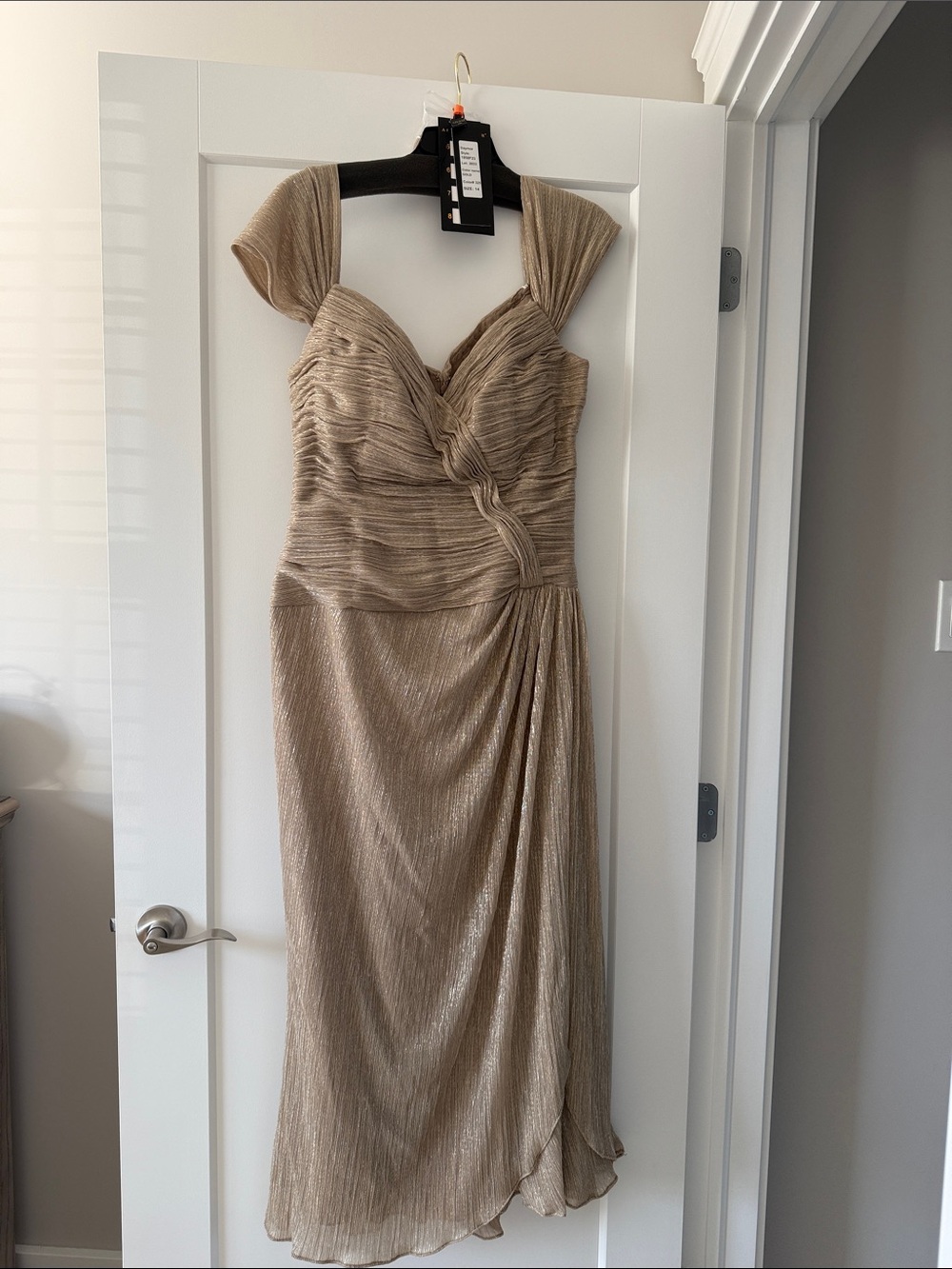 Shimmering Taupe Pleated Maxi Dress with Draped Knot Detail